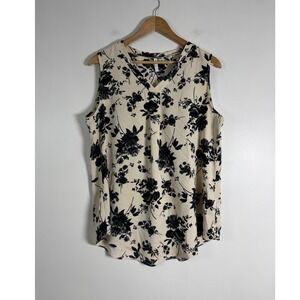 Dark Cottagecore Aodemo Womens Large Sleeveless Blouse Cream Black Floral V-Neck